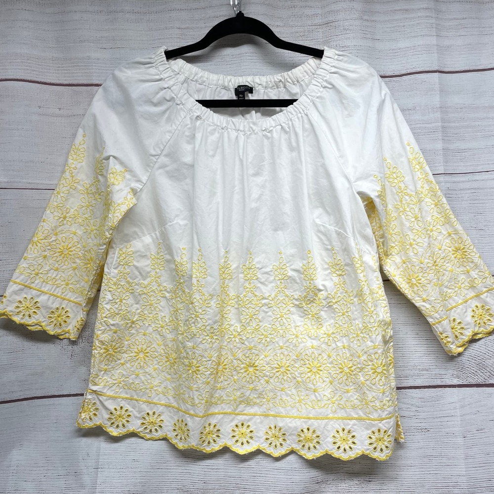 Talbots White Yellow Scoop Scallop Eyelet Embroidered Hem Top size Mp